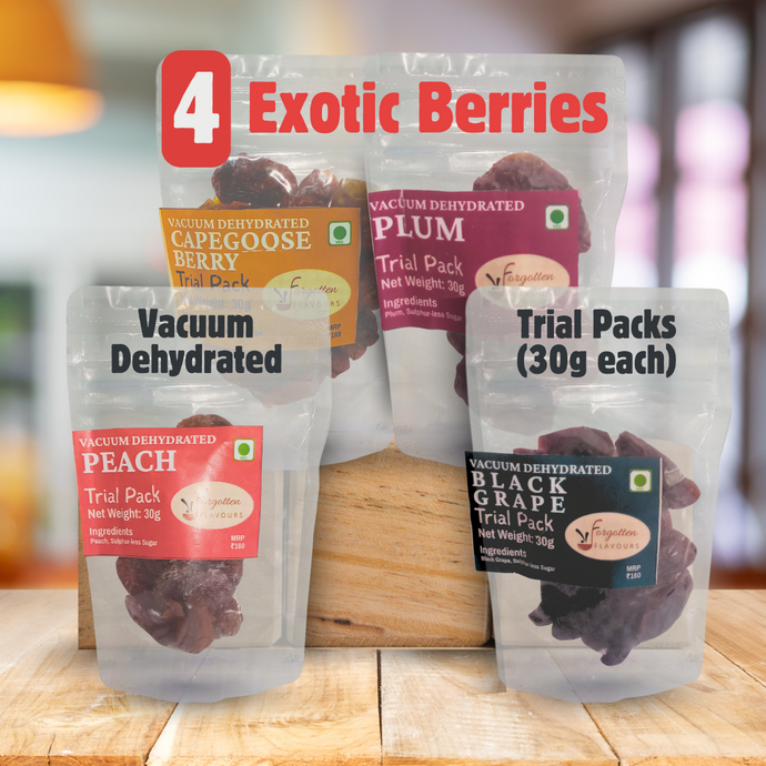 Exotic Berries Trial Pack | 4 Flavours (4 x 30g) | Peach | Capegooseberry | Plum | Black Grape