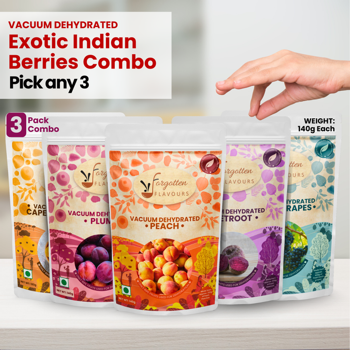 Exotic Indian Berries Pick 3 Combo | Peach, Plum, Black Grape, Beetroot, Capegoosberry | 140g Each